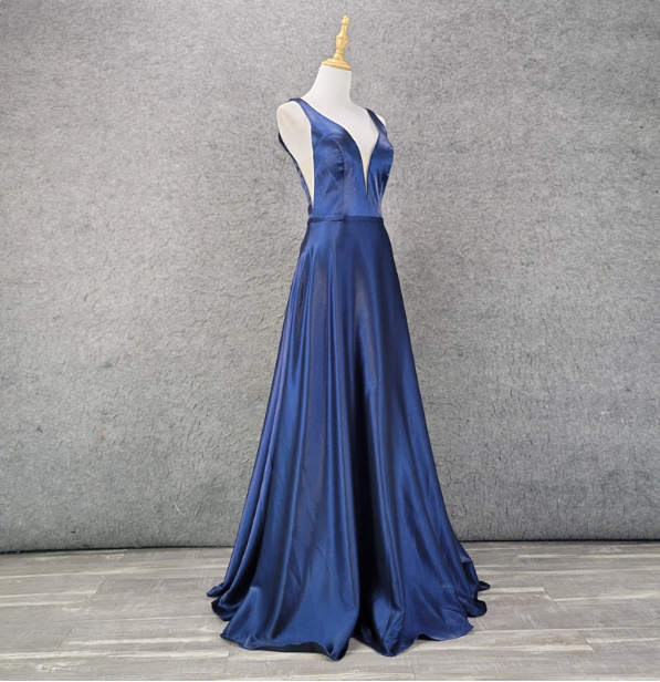 Elegant Navy Blue A-Line V-Neck Satin Long Formal Prom Dress