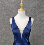 Elegant Navy Blue A-Line V-Neck Satin Long Formal Prom Dress