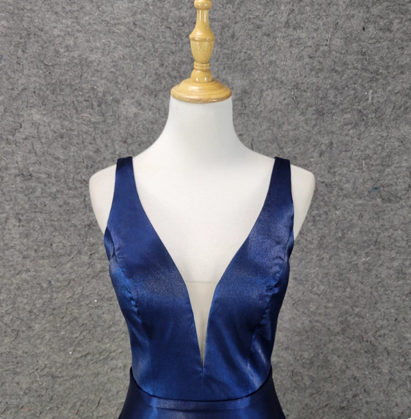 Elegant Navy Blue A-Line V-Neck Satin Long Formal Prom Dress