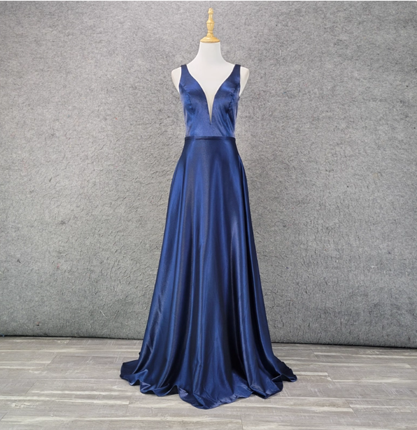 Elegant Navy Blue A-Line V-Neck Satin Long Formal Prom Dress Main image