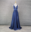 Elegant Navy Blue A-Line V-Neck Satin Long Formal Prom Dress