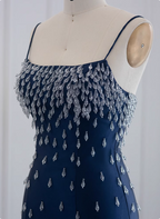 Elegant Navy Blue Bodycon Square Neck Spaghetti Strap Slit Crystal Satin Long Formal Prom Dress