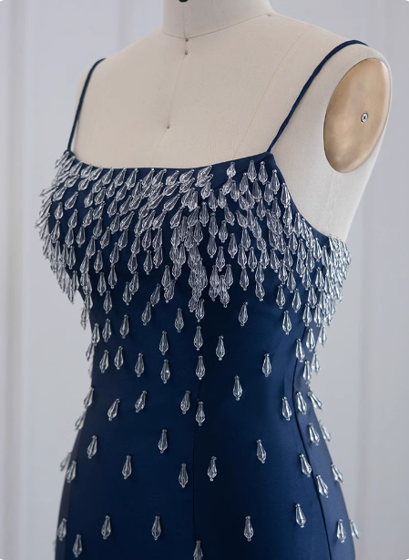 Elegant Navy Blue Bodycon Square Neck Spaghetti Strap Slit Crystal Satin Long Formal Prom Dress