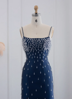 Elegant Navy Blue Bodycon Square Neck Spaghetti Strap Slit Crystal Satin Long Formal Prom Dress