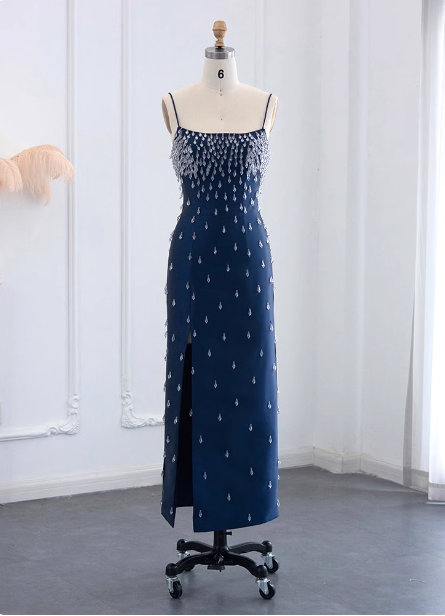 Elegant Navy Blue Bodycon Square Neck Spaghetti Strap Slit Crystal Satin Long Formal Prom Dress
