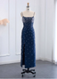 Elegant Navy Blue Bodycon Square Neck Spaghetti Strap Slit Crystal Satin Long Formal Prom Dress