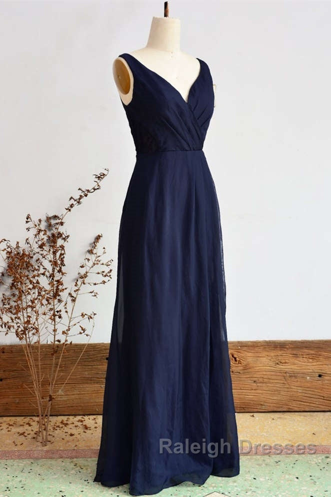 Elegant Navy Blue Chiffon Bridesmaid Dress With Slit