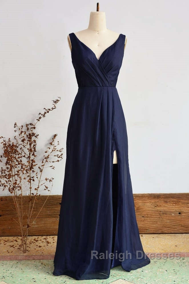 Elegant Navy Blue Chiffon Bridesmaid Dress With Slit