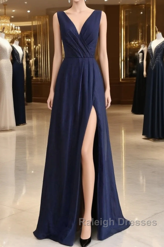 Elegant Navy Blue Chiffon Bridesmaid Dress With Slit Main image