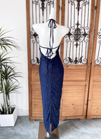 Elegant Navy Blue Halter Backless Glitter Satin Long Formal Prom Dress