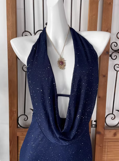 Elegant Navy Blue Halter Backless Glitter Satin Long Formal Prom Dress