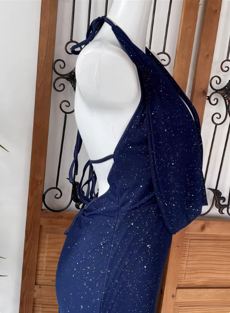 Elegant Navy Blue Halter Backless Glitter Satin Long Formal Prom Dress