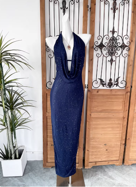 Elegant Navy Blue Halter Backless Glitter Satin Long Formal Prom Dress Main image