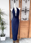 Elegant Navy Blue Halter Backless Glitter Satin Long Formal Prom Dress