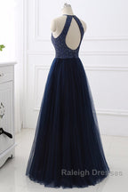 Elegant Navy Blue Halter Beaded Long Evening Dress, Beautiful Prom Dress