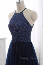 Elegant Navy Blue Halter Beaded Long Evening Dress, Beautiful Prom Dress