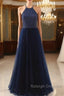 Elegant Navy Blue Halter Beaded Long Evening Dress, Beautiful Prom Dress
