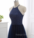 Elegant Navy Blue Halter Beaded Long Prom Dress, Prom Dress