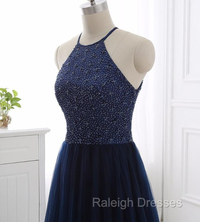 Elegant Navy Blue Halter Beaded Long Prom Dress, Prom Dress