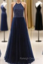 Elegant Navy Blue Halter Beaded Long Evening Dress, Prom Dress