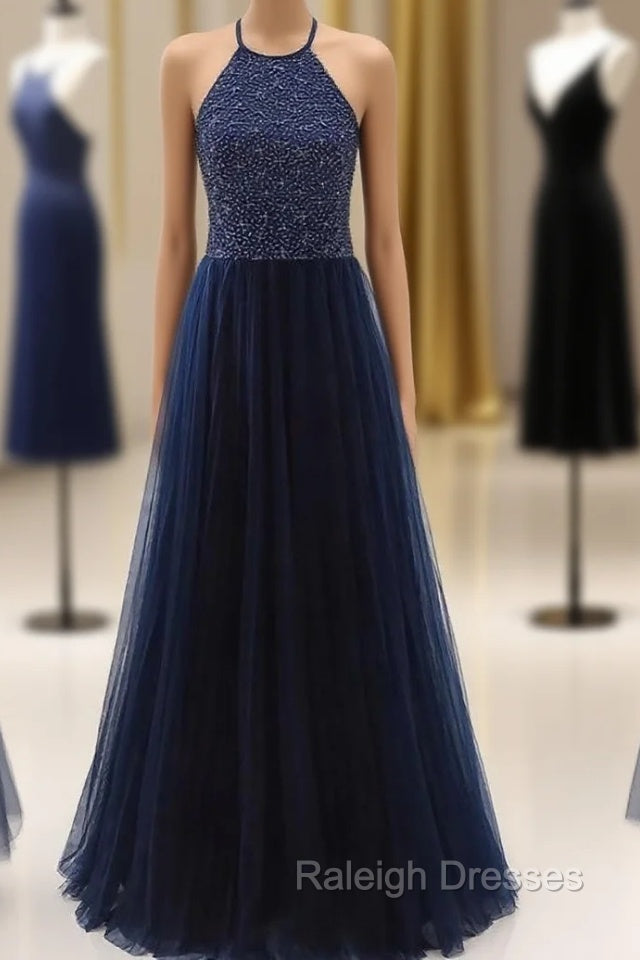 Elegant Navy Blue Halter Beaded Long Prom Dress, Prom Dress Main image