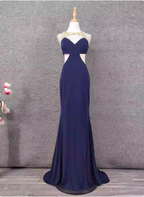 Elegant Navy Blue Mermaid Beaded Open Back Chiffon Long Formal Prom Dress