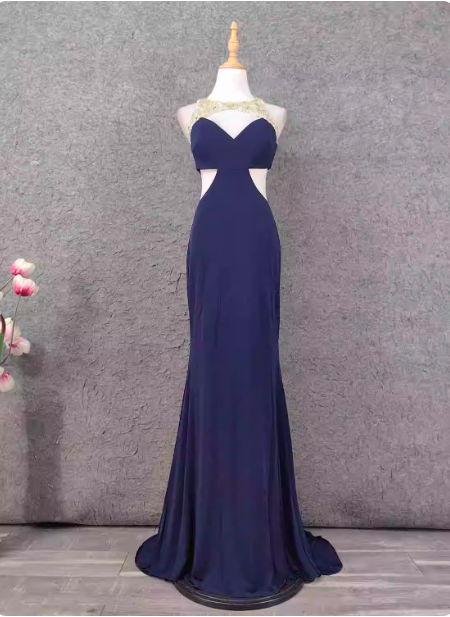 Elegant Navy Blue Mermaid Beaded Open Back Chiffon Long Formal Prom Dress