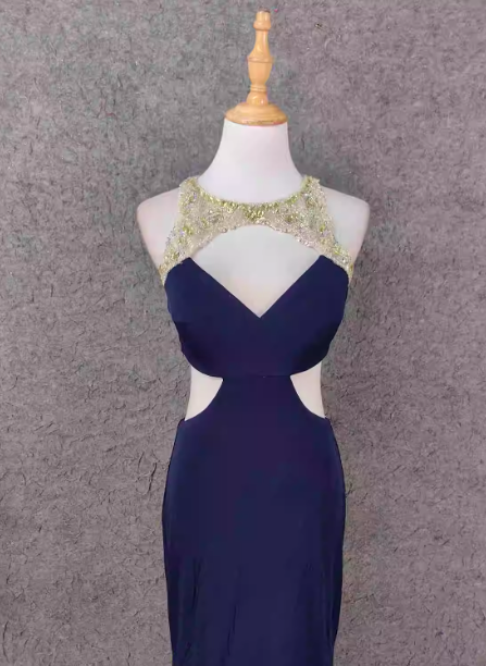 Elegant Navy Blue Mermaid Beaded Open Back Chiffon Long Formal Prom Dress