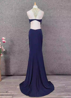 Elegant Navy Blue Mermaid Beaded Open Back Chiffon Long Formal Prom Dress