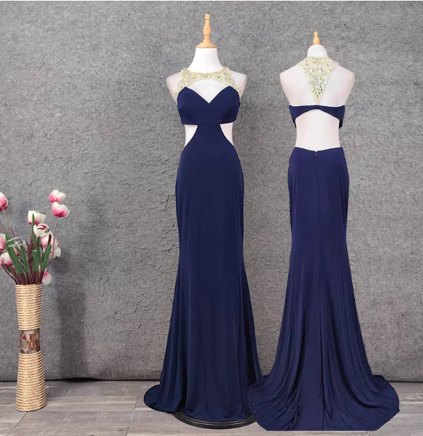 Elegant Navy Blue Mermaid Beaded Open Back Chiffon Long Formal Prom Dress Main image