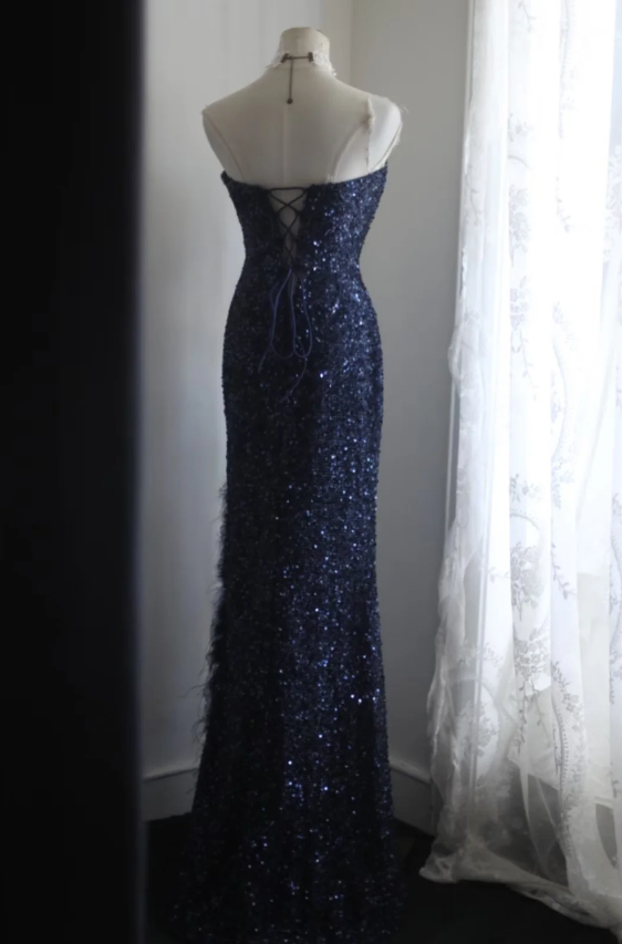 Elegant Navy Blue Mermaid Heart-Shaped Neckline Feather Sequined Long Formal Prom Dress