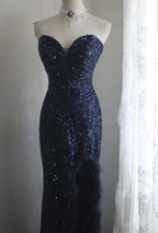 Elegant Navy Blue Mermaid Heart-Shaped Neckline Feather Sequined Long Formal Prom Dress