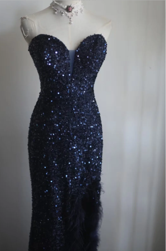 Elegant Navy Blue Mermaid Heart-Shaped Neckline Feather Sequined Long Formal Prom Dress