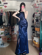 Elegant Navy Blue Mermaid High-Slit Ruffled Satin Long Formal Prom Dress