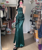 Elegant Navy Blue Mermaid High-Slit Ruffled Satin Long Formal Prom Dress