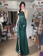 Elegant Navy Blue Mermaid High-Slit Ruffled Satin Long Formal Prom Dress