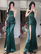 Elegant Navy Blue Mermaid High-Slit Ruffled Satin Long Formal Prom Dress