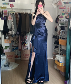 Elegant Navy Blue Mermaid High-Slit Ruffled Satin Long Formal Prom Dress