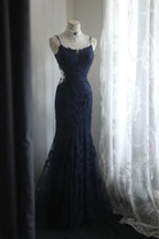 Elegant Navy Blue Mermaid Spaghetti Strap Lace Long Formal Prom Dress