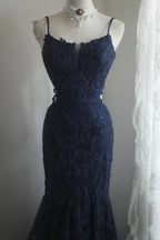 Elegant Navy Blue Mermaid Spaghetti Strap Lace Long Formal Prom Dress