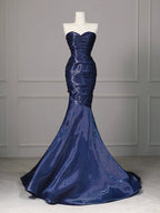 Elegant Navy Blue Mermaid Strapless Pleated Satin Long Formal Prom Dress