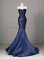 Elegant Navy Blue Mermaid Strapless Pleated Satin Long Formal Prom Dress