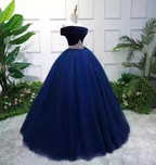 Elegant Navy Blue Off-The-Shoulder Velvet Tulle Ball Gown Prom Dress Sweet 16 Dress