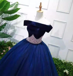 Elegant Navy Blue Off-The-Shoulder Velvet Tulle Ball Gown Prom Dress Sweet 16 Dress