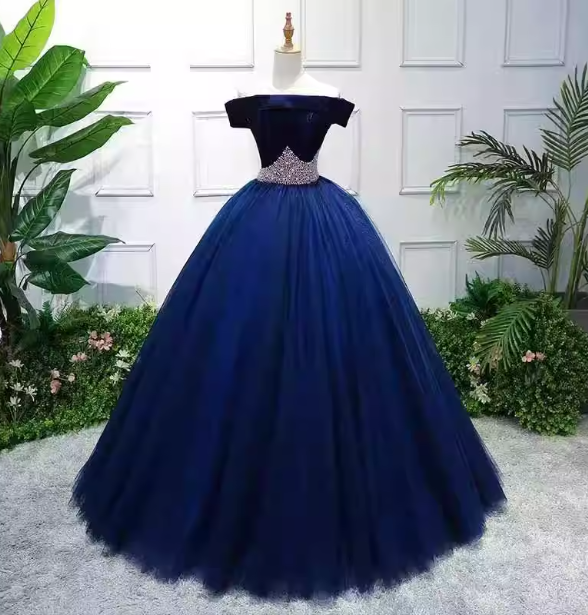 Elegant Navy Blue Off-The-Shoulder Velvet Tulle Ball Gown Prom Dress Sweet 16 Dress