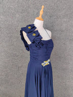 Elegant Navy Blue One-Shoulder 3D Floral Chiffon Long Formal Prom Dress