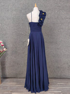 Elegant Navy Blue One-Shoulder 3D Floral Chiffon Long Formal Prom Dress