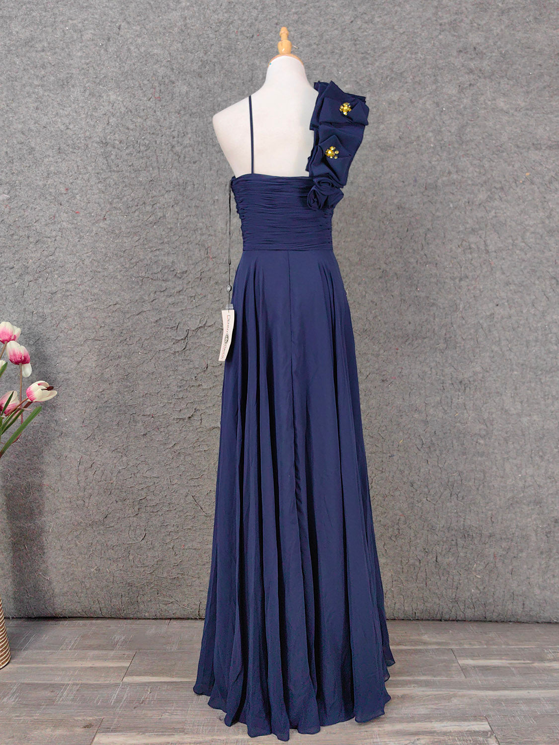Elegant Navy Blue One-Shoulder 3D Floral Chiffon Long Formal Prom Dress