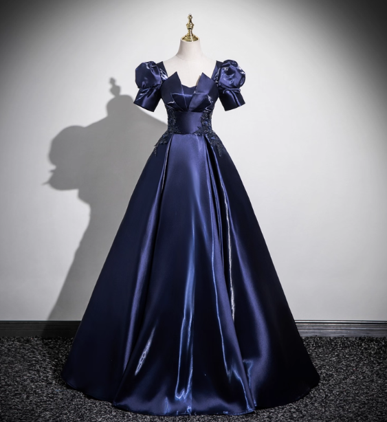 Elegant Navy Blue Puff Sleeve Satin Long Ball Gown Prom Dress Sweet 16 Dress