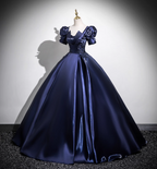 Elegant Navy Blue Puff Sleeve Satin Long Ball Gown Prom Dress Sweet 16 Dress